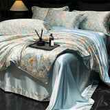 Natural Silk Bedlinens Bedding Set Nordic Flower Printed Duvet Cover Set Couple Double King Queen Size Soft Bed Sheet Pillowcase