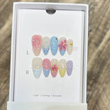 10Pcs Sweet Lovely Press on Nails Medium Almond False Nails Bowknot Pearl Nails Full Cover Glitter French Nail Cat Eye Fake Nail