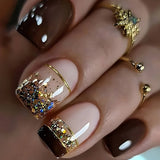 Popxstar 24Pcs Short French False Nails with Glue Wearable Simple Square Head Press on Fake Nails Golden Edge Design Jelly Stick on Nail