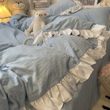 popxstar Blue Four-piece Set Celebrity Princess Style Ruffled Quilt Cover Bed Skirt Style Solid Color Three-piece Bedding Set