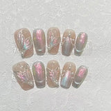 Popxstar  10Pcs French Ballerina Handmade Press on Nails Pink Cat Eye Fake Nails Wearable Stick-on Nails Full Cover False Nail