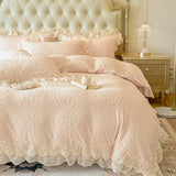 Popxstar  4Pcs Vintage French Romantic Lace Ruffles Carved Velvet Warm Winter Princess Bedding Set Duvet Cover Set Bed Sheet Pillowcases