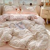 Popxstar  INS Princess Bedding Set 이불세트 2025 New Soft Wrinkled Double-layer Bed Flat Sheet Twin Queen Size Duvet Set Pillowcase Bed Linens