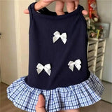 Kitten Navy Plaid Ruffle Hem Camisole Dress White Bow Decor Breathable Light Fabric For Balcony Lawn Leisure