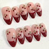 24pcs Red Cat Eye Press on Nails Pearl Heart Stick on Nails Bow French Fake Nails Sweet Cute Flower Nail Almond 3D False Nail
