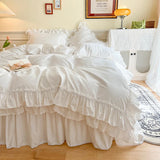 White/Pink 2 Layers Ruffles Girls Duvet Cover 100%Cotton Soft Chic Comforter Quilt Cover 2Pillowcases Zipper Closure Ties