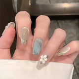 Popxstar 24pcs Romantic Y2k Star Press On Nails Gradient Blue French Style Gold Moon Designs Fake Nail Sweet Almond False Nails For Women