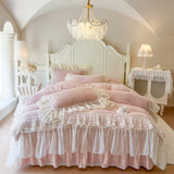 Popxstar  Romantic Lace Ruffles Handmade Beads Velvet Winter Warm Thickened Princess Bedding Set Duvet Cover Bed Skirt Pillowcases 4Pcs