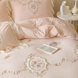 Popxstar  4Pcs Korean Princess Style Bedding Set Rose Flowers Embroidery French Lace Ruffles Milk Velvet Duvet Cover Bed Sheet Pillowcases