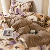 Flower Winter 4pcs Bedding Sets Fleece Warm Quilt Cover Bedspread for Women Bedroom Thickened and Weighted