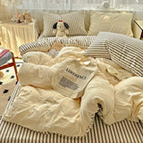 Popxstar  Striped Bedding Set Korean Style Duvet Cover Set Flat Sheets Set Single Twin Double Size Bed Linen Set Back To School Season