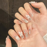 10Pcs Snake Rhinestone Press on Nails Pink Gradient Press on Fake Nails Cat Eye Almond False Nails 3D Carve Flower Nail Art Tip