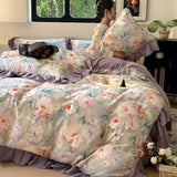 Popxstar  Nordic Bedding Sets 100% Cotton Floral Flat Bed Sheet Set 2 Pillowcases Skin-Friendly Queen King Double Size Bed Linen Set