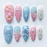24pcs Pink Spring Summer Nail Art French Edge Fake Nails Sweet Pearl Star Shell False Nails 3D Flower Press on Nails Almond Nail