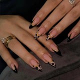 Popxstar  24pcs Winter Black False Nails Set Acrylic Leopard Print French Tip Almond Fake Nail Art with Shiny Powder Design Press on Nails