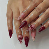 Popxstar  24pcs Bow Pattern Fake Nails Set Glitter Red French Long Almond False Nail Tip with Leopard Print Design Press on Nails Finished