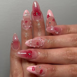 Popxstar 24pcs Sweet False Nail Patches Detachable Fake Nail Tips With Bowknots Love Heart Pearl Design Pink Almond Korean Press On Nail