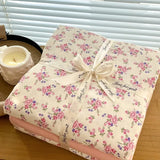 Popxstar  Ins floral print Bedding set knitted cotton Flat sheet set Four pieces duvet cover double layer-yarn 4Pcs lovely Fitted sheet