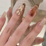 Popxstar 24Pcs Three-dimensional Love Heart False Nails with French Design Long Coffin Wearable Fake Nails Rhinestone Press on Nails Tips