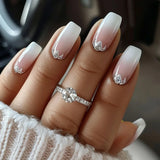 Popxstar 24pcs Pink Gradient Design Fake Nails Set White Mid-length Ballet False Nail Tips Finished Simple Wearable Square Press on Nails