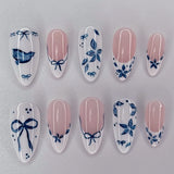 Popxstar 24pcs White Flower Fake Nail Tips Ins Yellow Pink Blush False Nails Wearable Full Cover European Almond Shaped Press on Nails