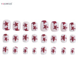 Popxstar  Simple Y2K Press on Nails Nude Color Short Square Head Fake Nails Red Five-pointed Star Designed Women Girls Charms Manicure