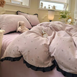 3/4Pcs Bedding Set French Bow Lace Romantic And Cute Girls' Bedroom Bedding Set Queen Bed Sheets Pillowcase Duvet Cover Flat