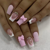 popxstar 24Pcs Pink French Style Fake Nails 3D Bowknot Designs Short Square Press on Nails Sweet Korean Fashion False Nail for Women Girl