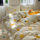 Popxstar Blue Floral Ruffle Duvet Cover Set Queen Flower Leaf Comforter Covers 4Pcs Soft Luxury Pastoral Garden Washed Cotton Bedding Set