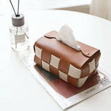 Popxstar Checkerboard Woven Tissue Box PU Leather Napkin Case Living Room Office Desktop Home Decoration Creative Paper Towel Cover