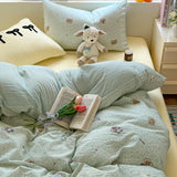 Popxstar  Cartoon Bedding Set Ins Korean Towel Embroidery Bed Linen Flat Sheets Set 2 Pillowcases Twin Double Queen Size Duvet Cover Set