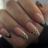 Popxstar  24pcs Winter Black False Nails Set Acrylic Leopard Print French Tip Almond Fake Nail Art with Shiny Powder Design Press on Nails