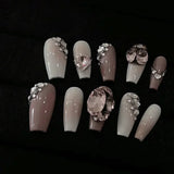 Popxstar 24Pcs Three-dimensional Love Heart False Nails with French Design Long Coffin Wearable Fake Nails Rhinestone Press on Nails Tips