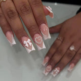 Popxstar 24Pcs Short Ballet False Nails with Bow Design White French Press on Nails Wearable Square Head Full Cover Fake Nail Manicure