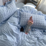 popxstar INS Girl Blue Bedding Sets Solid Color Seersucker Ruffles Lace  Kawaii Soft Sheet Woman Duvet Cover Pillow Covers Quilt Cover