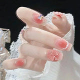 Popxstar 24Pcs Three-dimensional Love Heart False Nails with French Design Long Coffin Wearable Fake Nails Rhinestone Press on Nails Tips