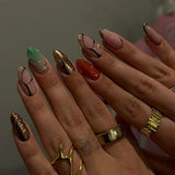 Popxstar 24pcs Mid-length Almond Press on Nail 3D Wave Star Design False Nails Reusable Golden Lines Fashion Round Head Fake Nails Art
