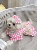 1 Set Printed Rabbit Check Patterned Peter Pan Collar Dress+Bow-Tie Pet Clothes