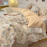 Popxstar  4Pcs Vintage French Fresh Floral Lace Ruffles 100% Cotton Bedding Set Duvet Cover Bed Skirt/Bed Sheet/Fitted Sheet Pillowcases