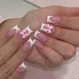 popxstar 24Pcs Pink French Style Fake Nails 3D Bowknot Designs Short Square Press on Nails Sweet Korean Fashion False Nail for Women Girl
