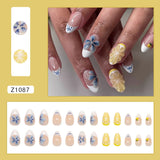Popxstar 24pcs White Flower Fake Nail Tips Ins Yellow Pink Blush False Nails Wearable Full Cover European Almond Shaped Press on Nails