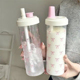 500/850ML Pink Bow Straw Water Bottle With Lid Cute Coffee Bubble Milk Tea Plastic Cup For Outdoor School Drinking Water Bottles