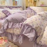 3/4Pcs Bedding Set Korean Country Style Purple Ruffle Duvet Cover Bed Sheets With Pillowcase Double Bed Linen Cotton Four-Season