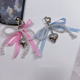 Popxstar Y2K Lattice Ribbon Bowknot Pearls Bag Pendant Charm Heart Keychain Elegant Beaded Keyring Sweet Key Chain Phone Key Bag Hangings