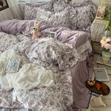 Popxstar 3/4Pcs Korean Princess Style Floral Ruffles Bedding Set Skin-friendly Soft Duvet Cover Set Bed Sheet Or Bed Skirt Pillowcases