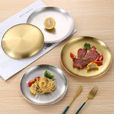 Popxstar  4pcs Large Round Stainless Steel Dinner Plates Fruit Tray- Heavy-Duty Golden Serving Plates Suitable for Weddings, Buffets
