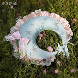 popxstar Creative Lolita Moon Cushion Girls Bedroom Decorative Pillow Lace Ruffle Bow Decorative Moon Shape Back Cushion Seat Cushion