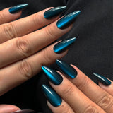 Popxstar 24Pcs Solid Color Green Fake Nails with Jelly Glue Long Almond Press on Nails Cat’s Eye Design Simple Wearable False Nail Tips