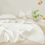 Popxstar INS Style White Ball Edge Quilted Quilt Blanket Bedspread Washed Solid Color Korean Princess Style Summer Thin Quilt 1/3Pc