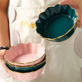 Popxstar  Green Ceramic Tableware Salad Bowl with Gold Edge Flower Shape Plate Chinaware Creative Dim Sum Dishes Steak Western Food Flavor